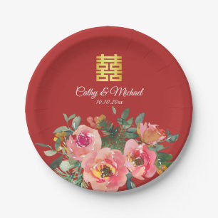 Peony floral dubbel geluk Chinese bruiloft rood Papieren Bordje
