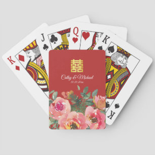 Peony floral dubbel geluk Chinese bruiloft rood Pokerkaarten