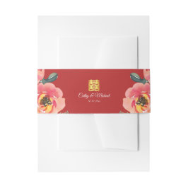Peony floral dubbel geluk Chinese bruiloft rood Uitnodigingen Wikkel