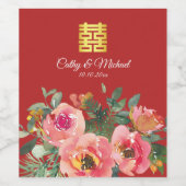 Peony floral dubbel geluk Chinese bruiloft rood Wijn Etiket (Enkel label)