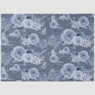 Peony Floral Dusty Blue  Script Decoupage Tissuepapier