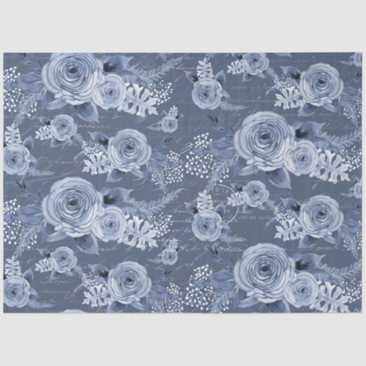 Peony Floral Dusty Blue  Script Decoupage Tissuepapier (Voorkant)