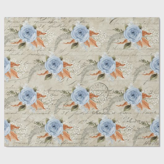 Peony Floral Dusty Blue  Script Ephemera Cadeaupapier (Vlak)
