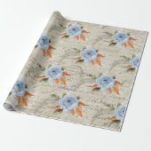 Peony Floral Dusty Blue  Script Ephemera Cadeaupapier (Uitgerold)