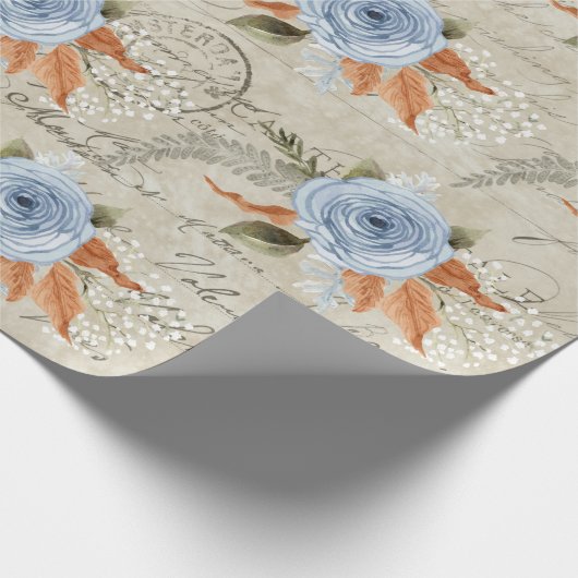 Peony Floral Dusty Blue  Script Ephemera Cadeaupapier (Hoek)