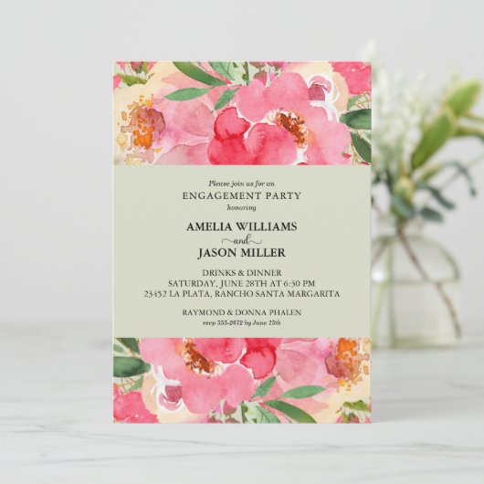 Peony Floral Engagement Party Kaart (Staand voorkant)