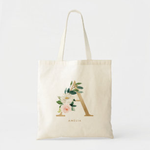 Peony Floral Letter A Gold Monogram Bridesmaid Tote Bag