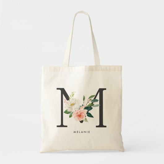 Peony Floral Letter M Black Monogram Bridesmaid Tote Bag (Voorkant)