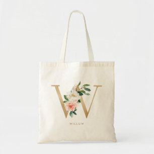 Peony Floral Letter W Gold Monogram Bridesmaid Tote Bag