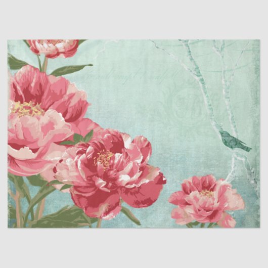 Peony Floral Mint Roze Bourgogne Retro Chintz Voge Tissuepapier (Voorkant)