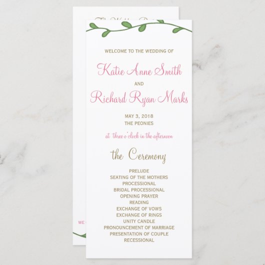 Peony Floral Order of Service/Wedding Program Kaar Programmakaart (Voorkant / Achterkant)