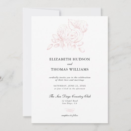 Peony Floral Sketch Formele Moderne Klassieke Huwe Kaart (Voorkant)