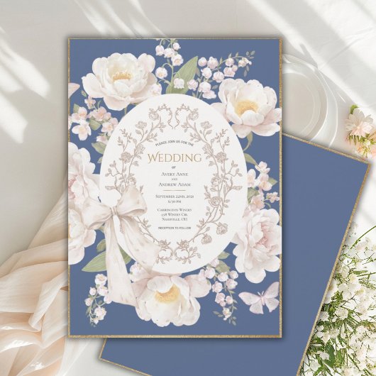 Peony Floral Vintage Elegant Blue Wedding Kaart