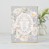 Peony Floral Vintage Elegant Gray Wedding Kaart (Staand voorkant)