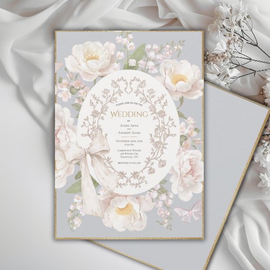 Peony Floral Vintage Elegant Gray Wedding Kaart