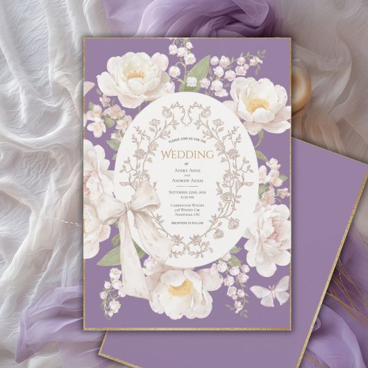 Peony Floral Vintage Elegant Purple Wedding Kaart