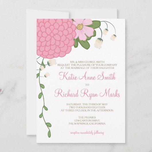 Peony Floral Wedding Invitation Kaart (Voorkant)