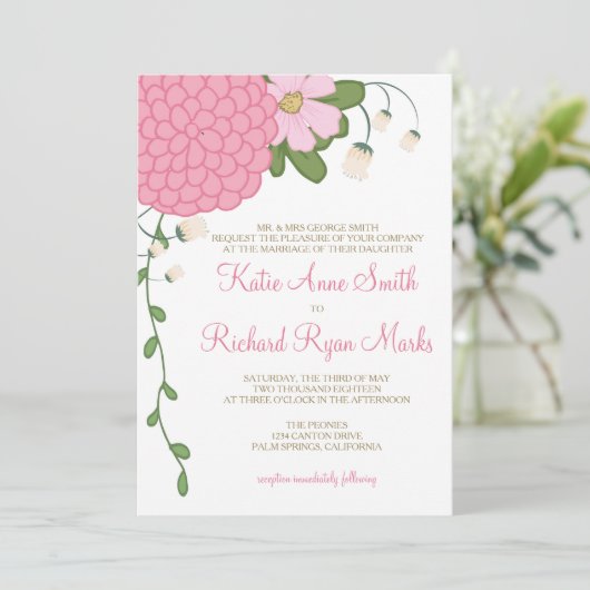 Peony Floral Wedding Invitation Kaart (Staand voorkant)