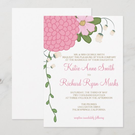 Peony Floral Wedding Invitation Kaart (Voorkant / Achterkant)