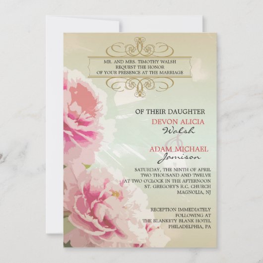 Peony Floral Wedding Invitation Pink, Green & Gold Kaart (Voorkant)