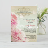 Peony Floral Wedding Invitation Pink, Green & Gold Kaart (Staand voorkant)