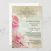 Peony Floral Wedding Invitation Pink, Green & Gold Kaart (Voorkant / Achterkant)