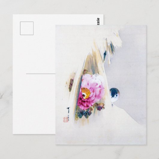 Peony Flower and Sparrow in Snow, Watanabe Seitei Briefkaart (Voorkant / Achterkant)
