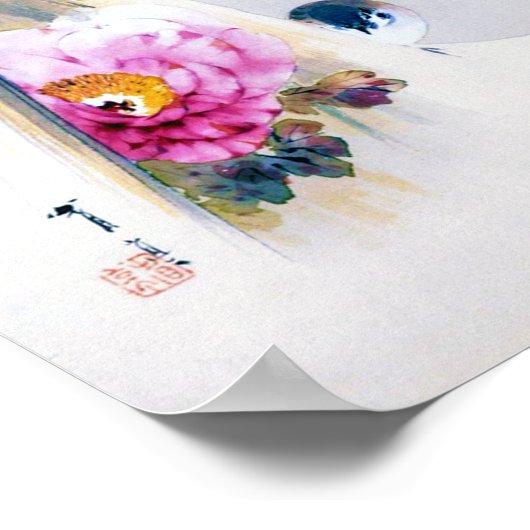 Peony Flower and Sparrow in Snow, Watanabe Seitei Poster (Hoek)