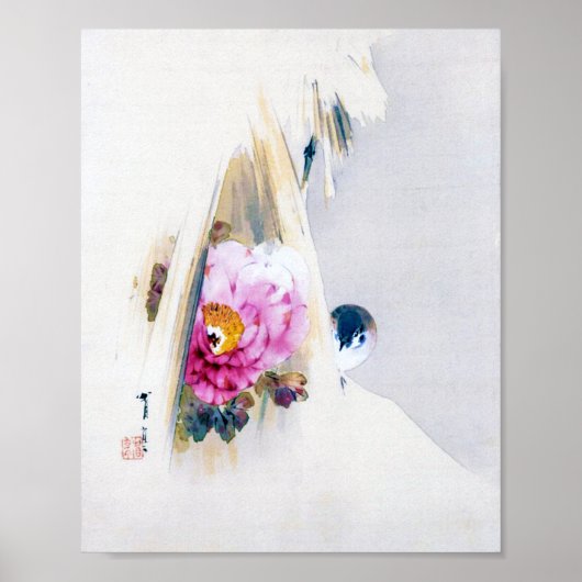 Peony Flower and Sparrow in Snow, Watanabe Seitei Poster (Voorkant)