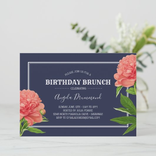 Peony Flower Birthday Brunch Blue Kaart (Staand voorkant)
