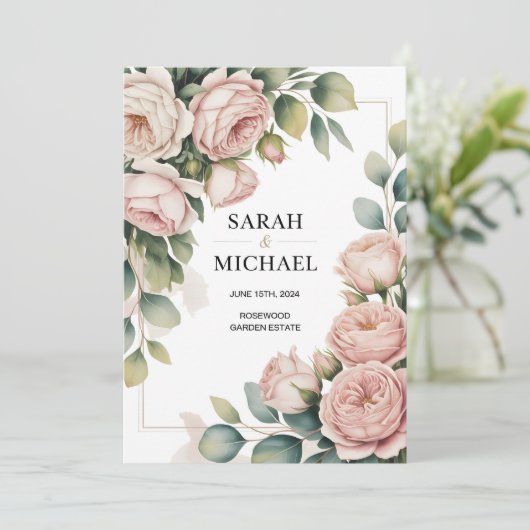 Peony flower border wedding kaart (Staand voorkant)