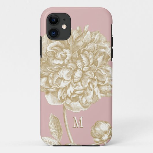 Peony Flower Botanical, Pink and Gold Monogramed Case-Mate iPhone Case (Achterkant)