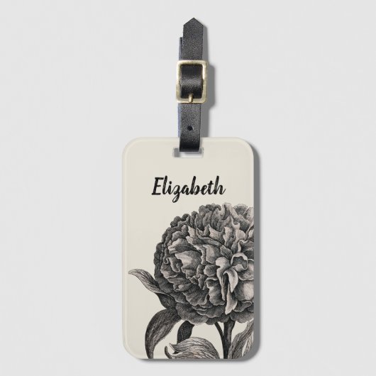  Peony Flower Elegant Monochrome Botanical Bagagelabel (Voorkant (verticaal))
