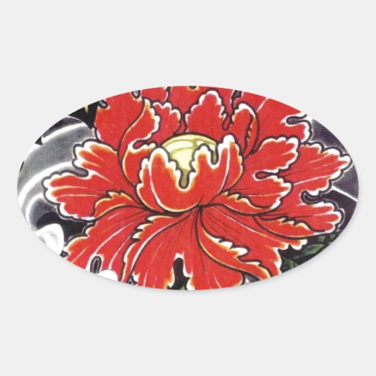 Peony Flower Japans tattoo design Ovale Sticker (Voorkant)