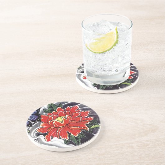 Peony Flower Japans tattoo design Zandsteen Onderzetter (Zijkant)