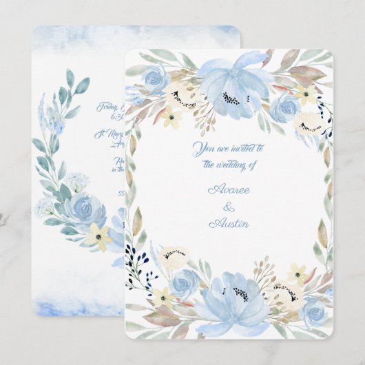 Peony Flower Powder Blue Waterverven Invitation Kaart (Voorkant / Achterkant)