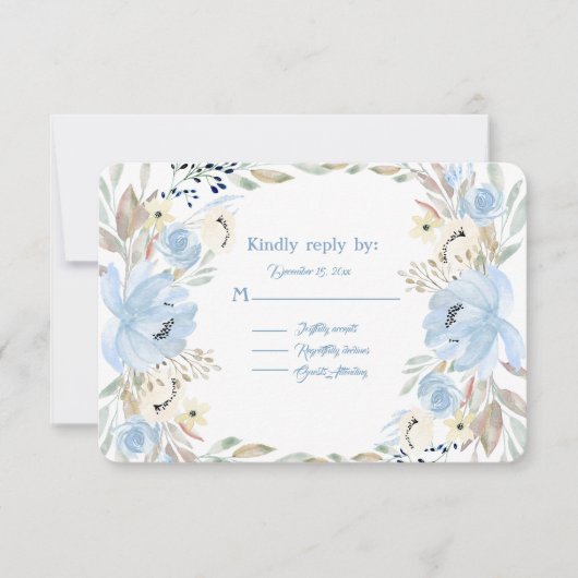 Peony Flower Powder Blue Waterverven RSVP Kaartje (Voorkant)
