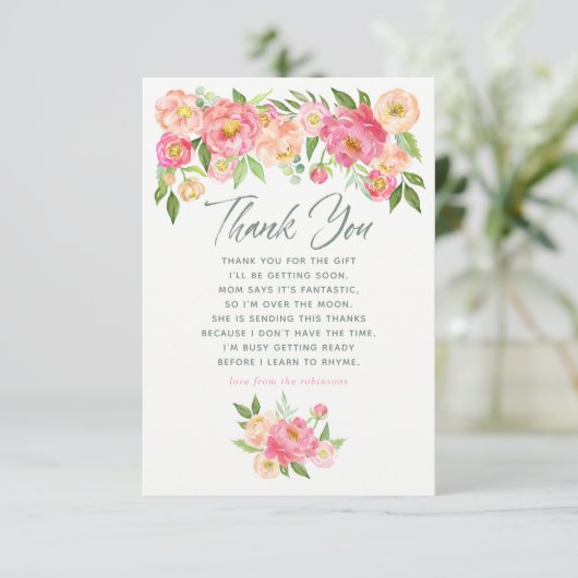 Peony flower Spring Baby shower Dank u wel Bedankkaart (Staand voorkant)