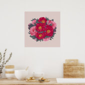 Peony Flowers Bouquet Botanical Red Pink Poster (Keuken)