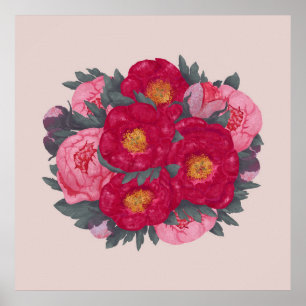 Peony Flowers Bouquet Botanical Red Pink Poster