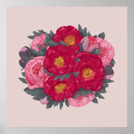 Peony Flowers Bouquet Botanical Red Pink Poster (Voorkant)