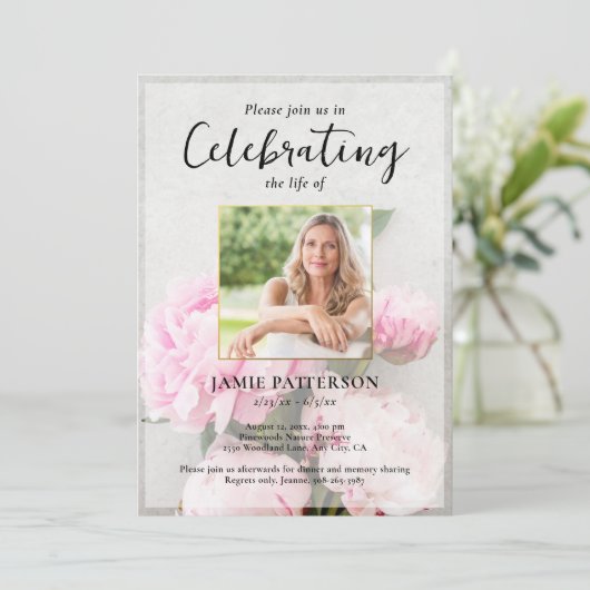 Peony Flowers Celebration of Life Photo, Funeral Kaart (Staand voorkant)