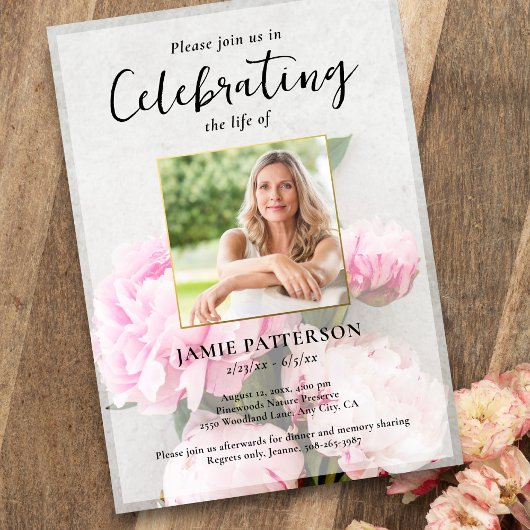 Peony Flowers Celebration of Life Photo, Funeral Kaart