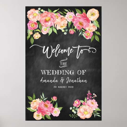 Peony Flowers Chalkboard Welkom bij ons huwelijk Poster (Voorkant)