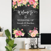 Peony Flowers Chalkboard Welkom bij ons huwelijk Poster (Thuiskantoor)