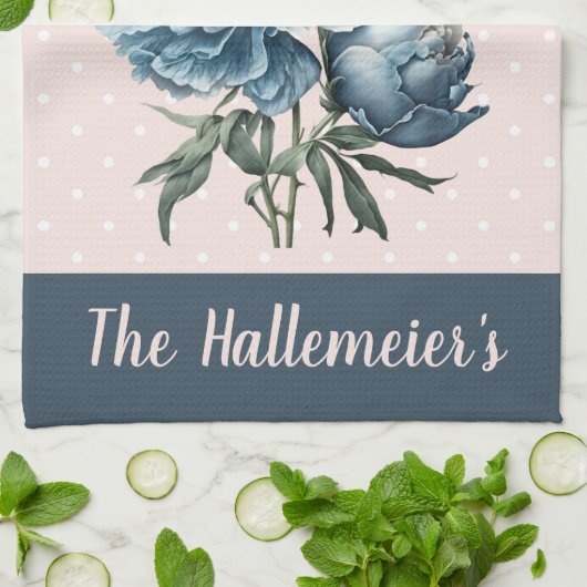 Peony Flowers in Blue & White op roze & Blue Theedoek (Gevouwen)