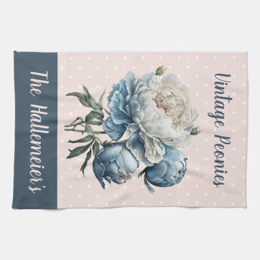 Peony Flowers in Blue & White op roze & Blue Theedoek (Horizontaal)