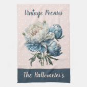 Peony Flowers in Blue & White op roze & Blue Theedoek (Verticaal)