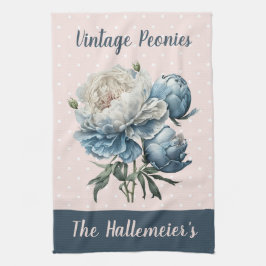 Peony Flowers in Blue & White op roze & Blue Theedoek