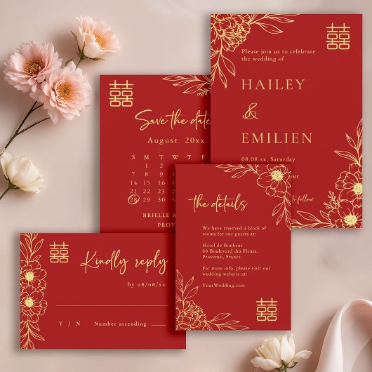 Peony Flowers Modern Chinees Rood Goud Huwelijk RS Kaart
